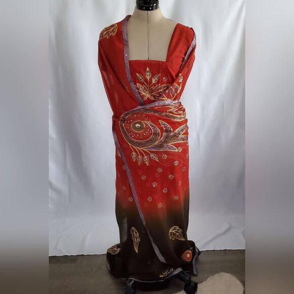 Handmade Women’s Saree & Choli Small Red Brown Silver Gold Embroidered Sequins - Picture 2 of 11
